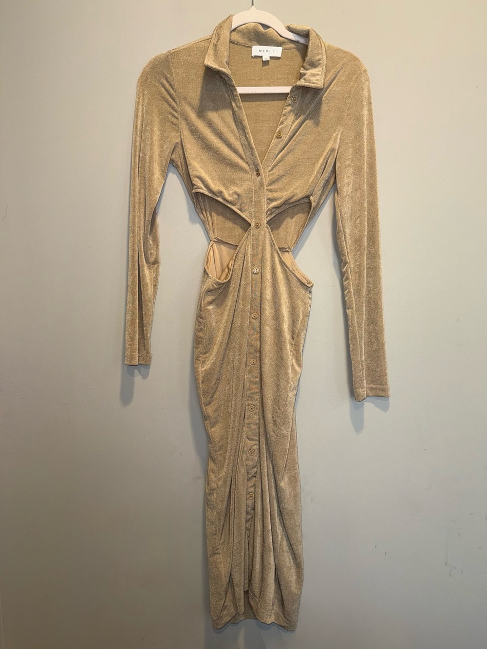Beige Velvet Long Sleeve Twist Cutout Maxi Dress